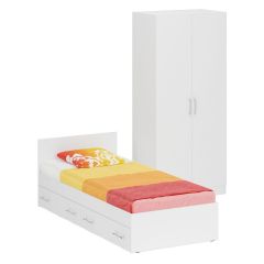 Кровать с ящиками 0900 + Шкаф 2-х створчатый Стандарт, цвет белый, ШхГхВ 93,5х203,5х70 + 90х52х200 см., сп.м. 900х2000 мм., б/м, основание есть | фото 2